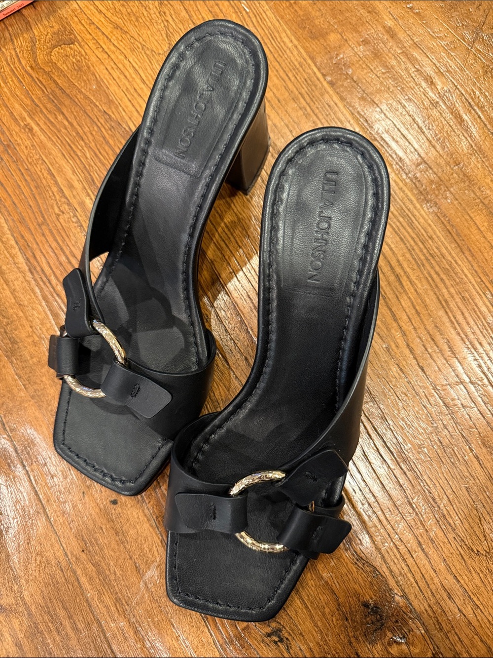 Ulla Johnson Black Square-Toe Heeled Mules with Gold Ring size 39 1/2